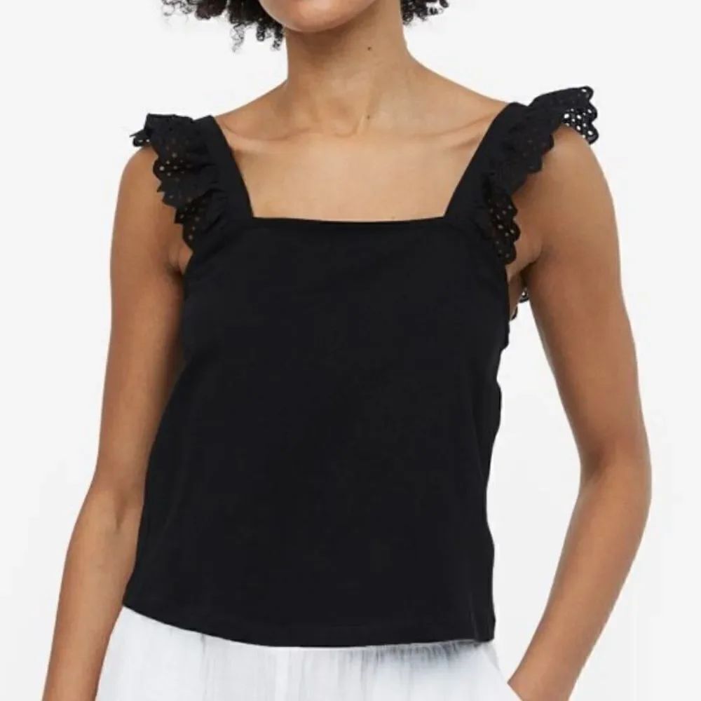 LOFT Flounce-trimmed Cotton Square Neck Top In Black Size S
